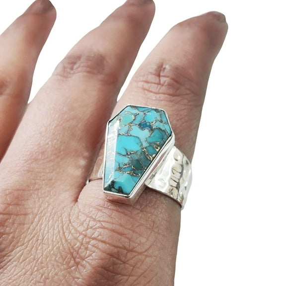 Coffin Blue Copper Turquoise Ring, Natural Turquoise Ring, December Birthstone, Hammer Womens Ring, Coffin Ring, 925 Sterling Silver, Christmas, Handmade, Statement Jewelry, Coffin Shape Gemstone Ring