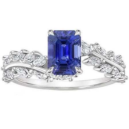 5 CT Leaf Style Emerald Ceylon Sapphire & Diamond Engagement Ring, Size 6.5