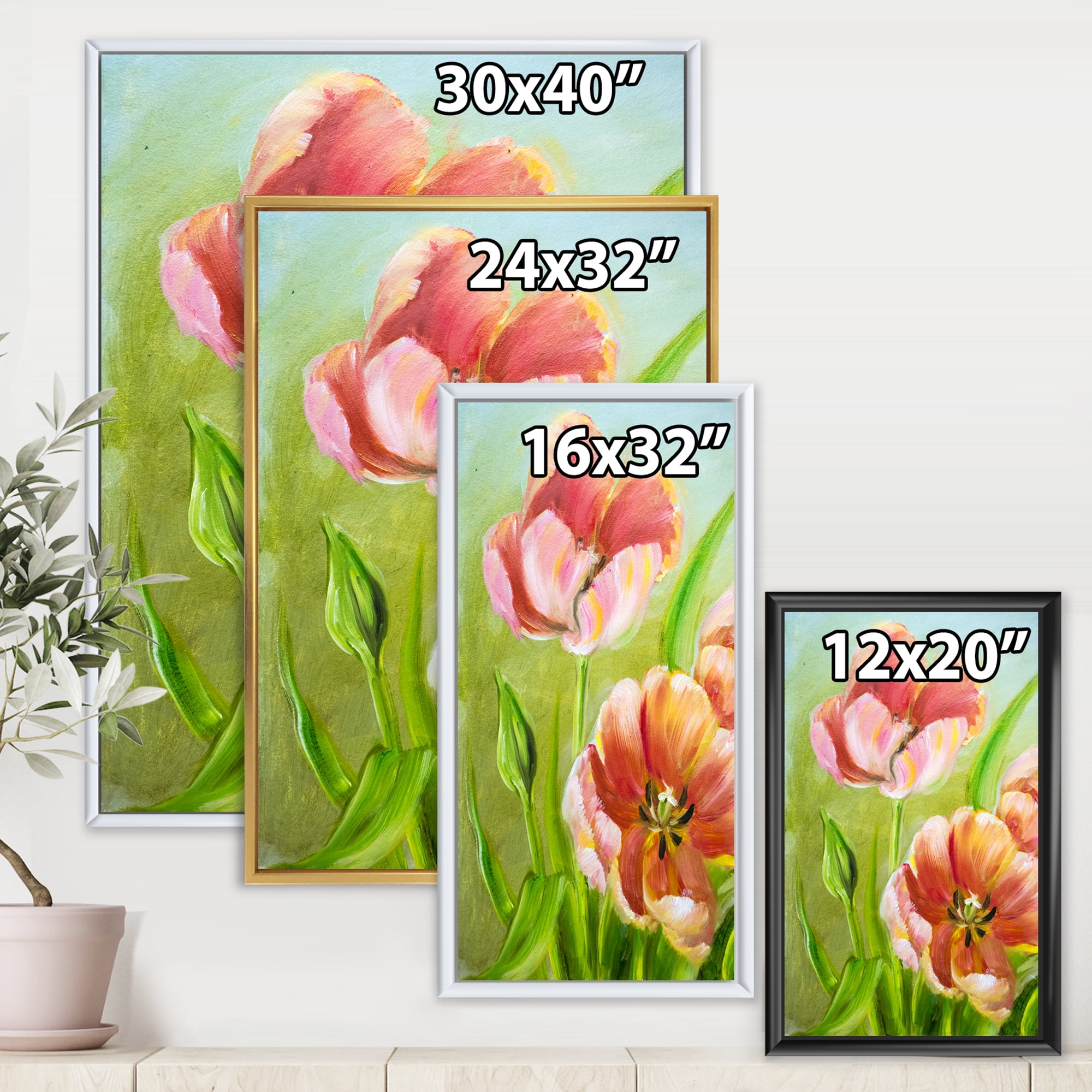 Ancient Red Tulips Flowers III 24 in x 32 in Framed Painting Canvas Art Print, by Designart