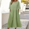 thumbnail image 5 of Women Solid Color Cotton Linen Side Pocket Dresses Button Decoration Pleated Hem Gown Summer O Neck Pullover Short Sleeve Dress, 5 of 6