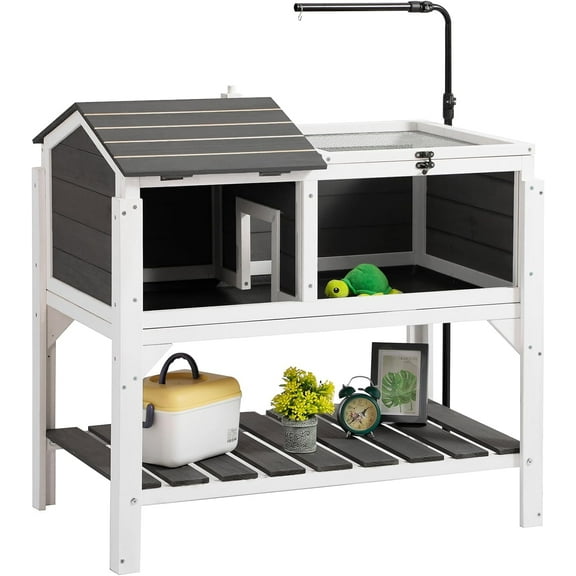 Magic Union Tortoise Habitat Indoor Outdoor with Detachable Legs and Shelf Storage,Wooden Turtle Enclosure Reptile Cage with Adjustable Lamp Holder and Tray for Small Animals