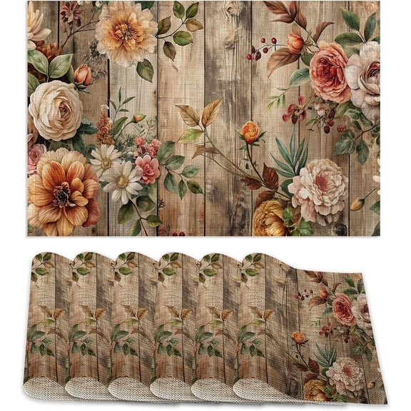 6 Pcs Placemats,Vintage Flower Placemats,Rustic Wooden Table Mats Washable Recyclable Table Placemat for Indoor Outdoor Heat Resistant Kitchen Dining 12"x18"