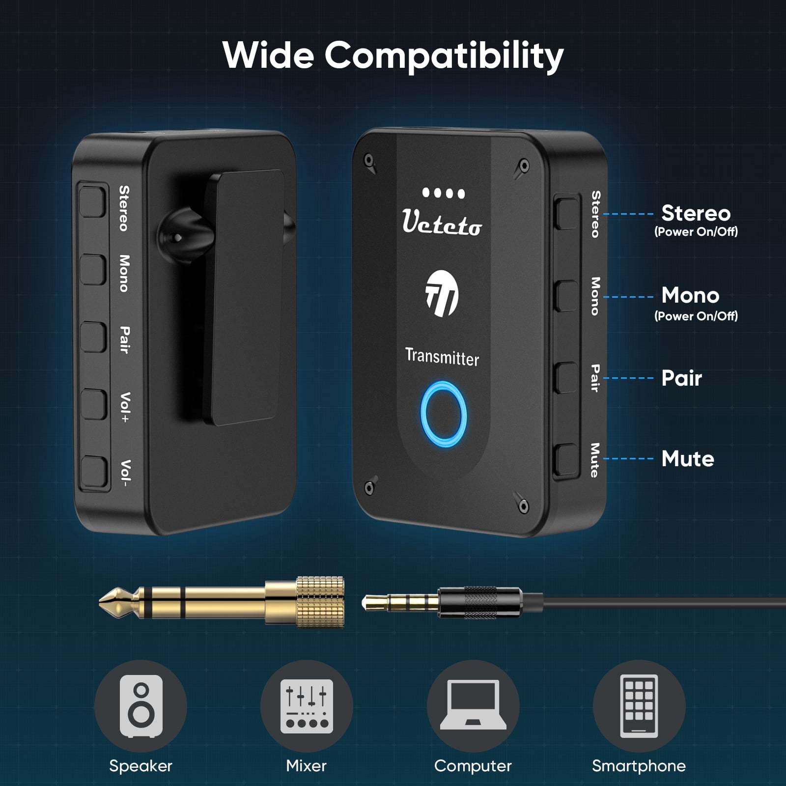 Ueteto Wireless in Ear Monitor System 2.4G Stereo IEM System with Transmitter Beltpack Receiver Automatic Pairing, for Studio, Band Rehearsal, Live Performance