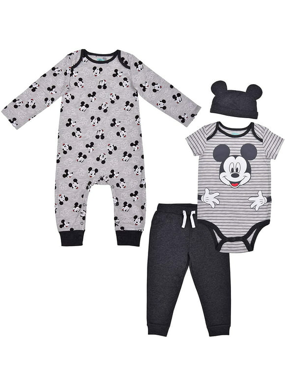 Disney 4 Pack Mickey Mouse Jogger and Creepers Set with Cap, Bodysuit Bundle for Baby