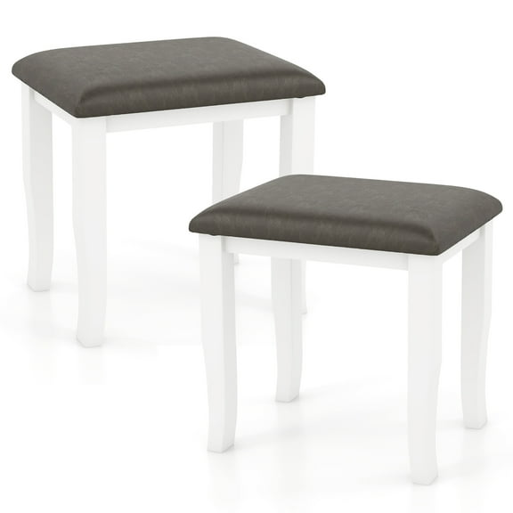 Gymax 2PCS Vanity Stool Chair Solid Wood Ottoman Set w/ Padded Seat Cushion Gray