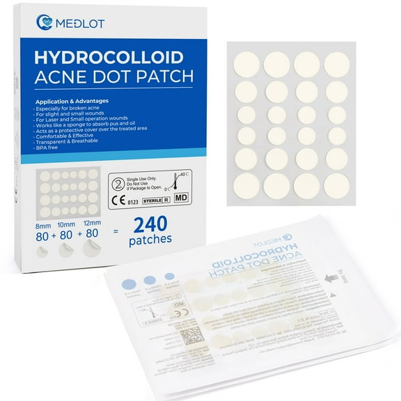 LotFancy 240 Ct Acne Spot Dots, Acne Pimple Patch, Thin Hydrocolloid Patches, 3 Sizes (12, 10, 8mm)