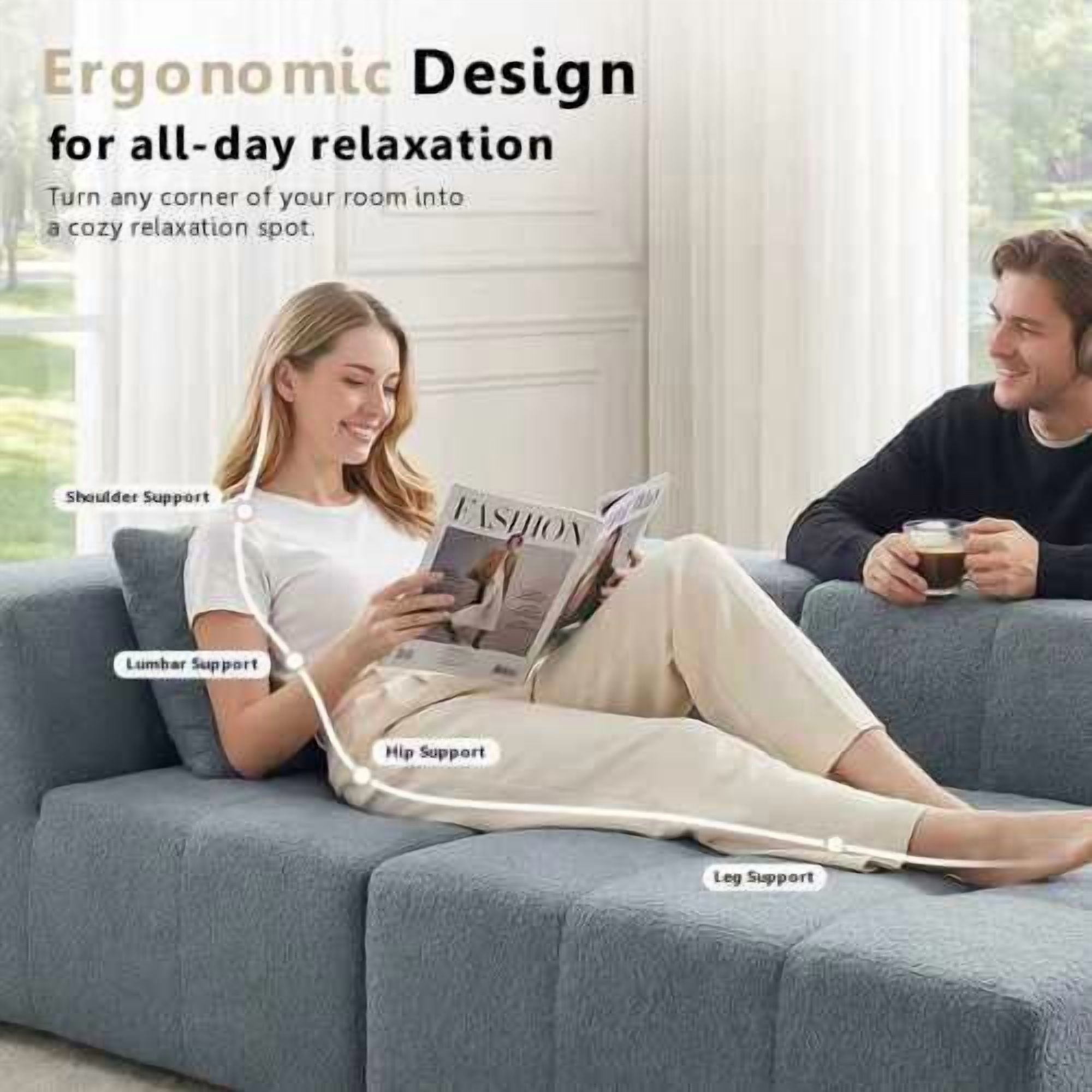 Howcool 106" Boneless Cloud Couch, U-Shaped Modular Compression Sofa Bed, Foldable Floor Sofa with Deep Seat, Foam Couch No Assembly, 3 Seater, Grey