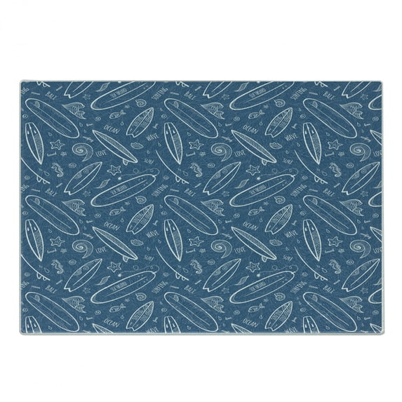 Surfboard Cutting Board, Blue Waters Oceanic Elements Waves Swirls Doodle White Outlines Hobby Fun Times, Decorative Tempered Glass Cutting and Serving Board, Small Size, Blue White, by Ambesonne