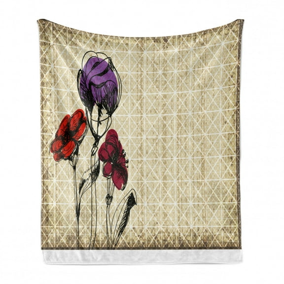 Floral Soft Flannel Fleece Throw Blanket, Sketchy Flower Petals with Grunge Effects Blooms Florets Illustration, Cozy Plush for Indoor and Outdoor Use, 60" x 80", Maroon Purple Tan, by Ambesonne
