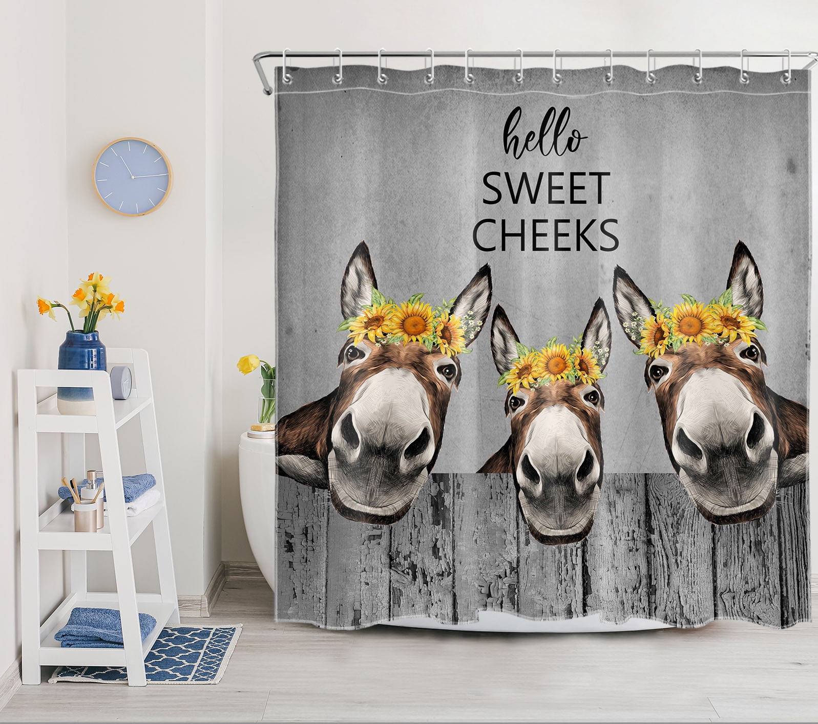 HVEST Funny Donkey Shower Curtain, Farmhouse Rustic Animal Donkey with Yellow Sunflower on Vintage Grey Wooden Board Bathroom Shower Curtain Polyester Fabric Decor Curtain with Hooks, 72X72 inch