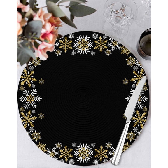15 Inch Round Placemats Set of 6, Christmas Black Non Slip Heat Insulation PP Table Mats, Xmas White Golden Snowflakes Retro Rustic Washable Place Mats for Kitchen Dining Party Table Decor