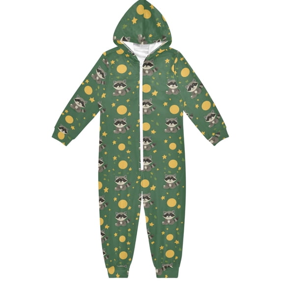Cartoon Raccoon Pattern One Piece Pajamas Soft Jumpsuit Cozy Sleep and Play Romper Zipper and Pockets 4T