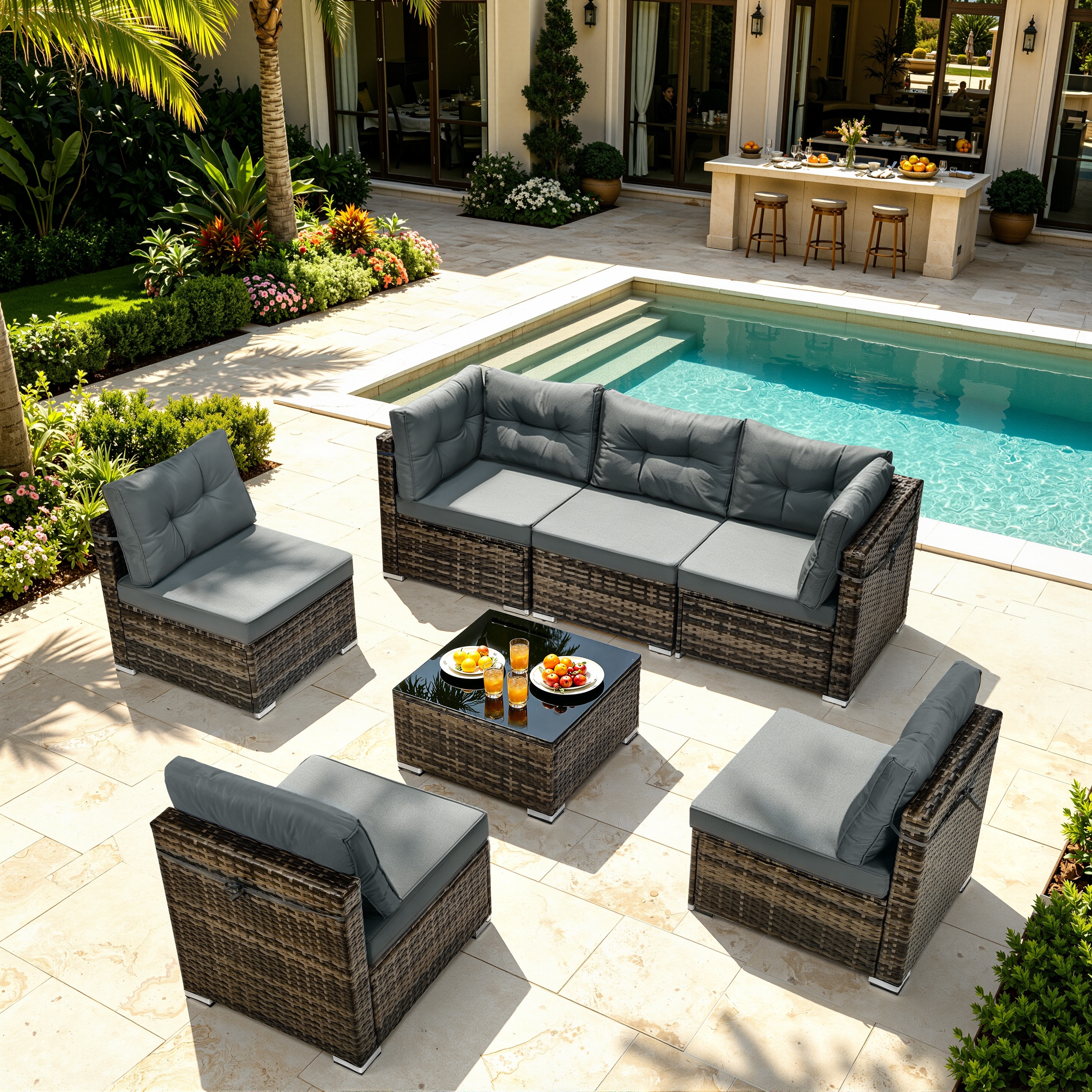 7 Piece Rattan Sectional Sofa Set, Outdoor Conversation Set, All-Weather Wicker Sectional Seating Group with Cushions & Coffee Table, Modern Furniture Couch Set for Patio Deck Garden Pool