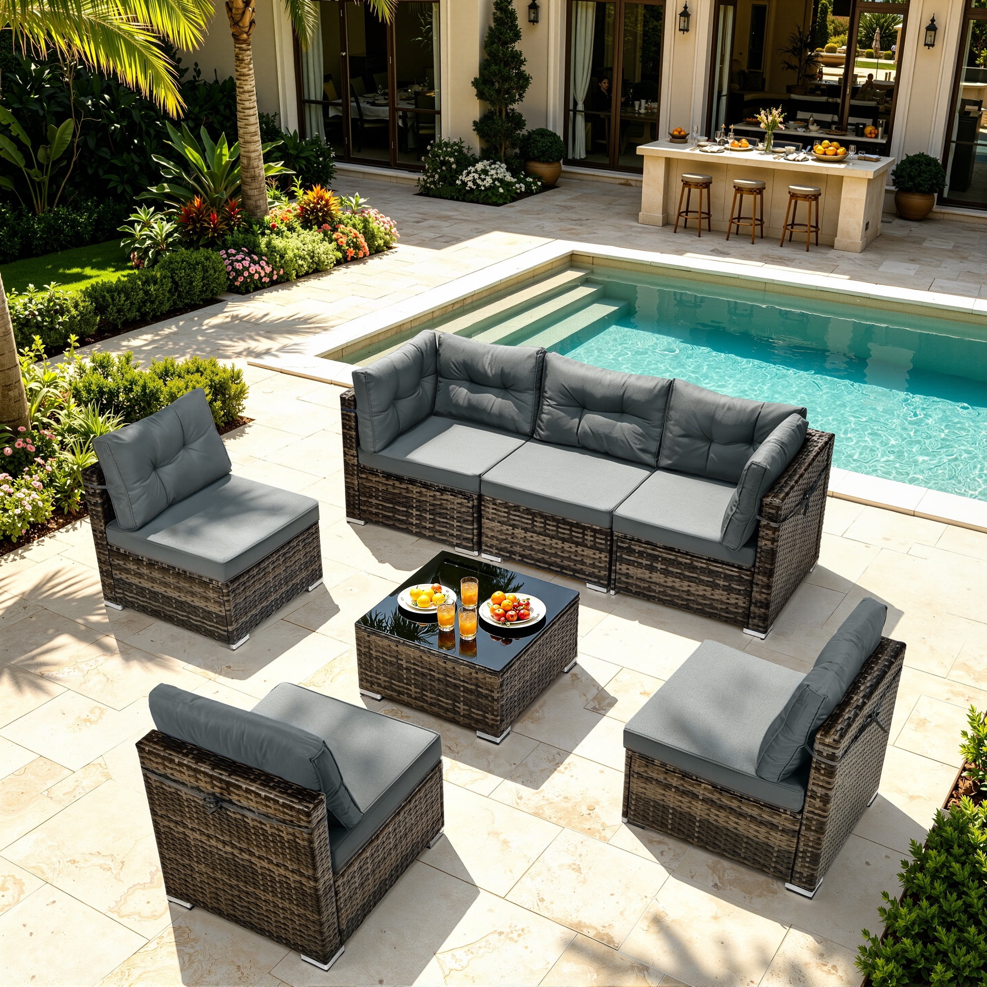 7 Piece Rattan Sectional Sofa Set, Outdoor Conversation Set, All-Weather Wicker Sectional Seating Group with Cushions & Coffee Table, Modern Furniture Couch Set for Patio Deck Garden Pool