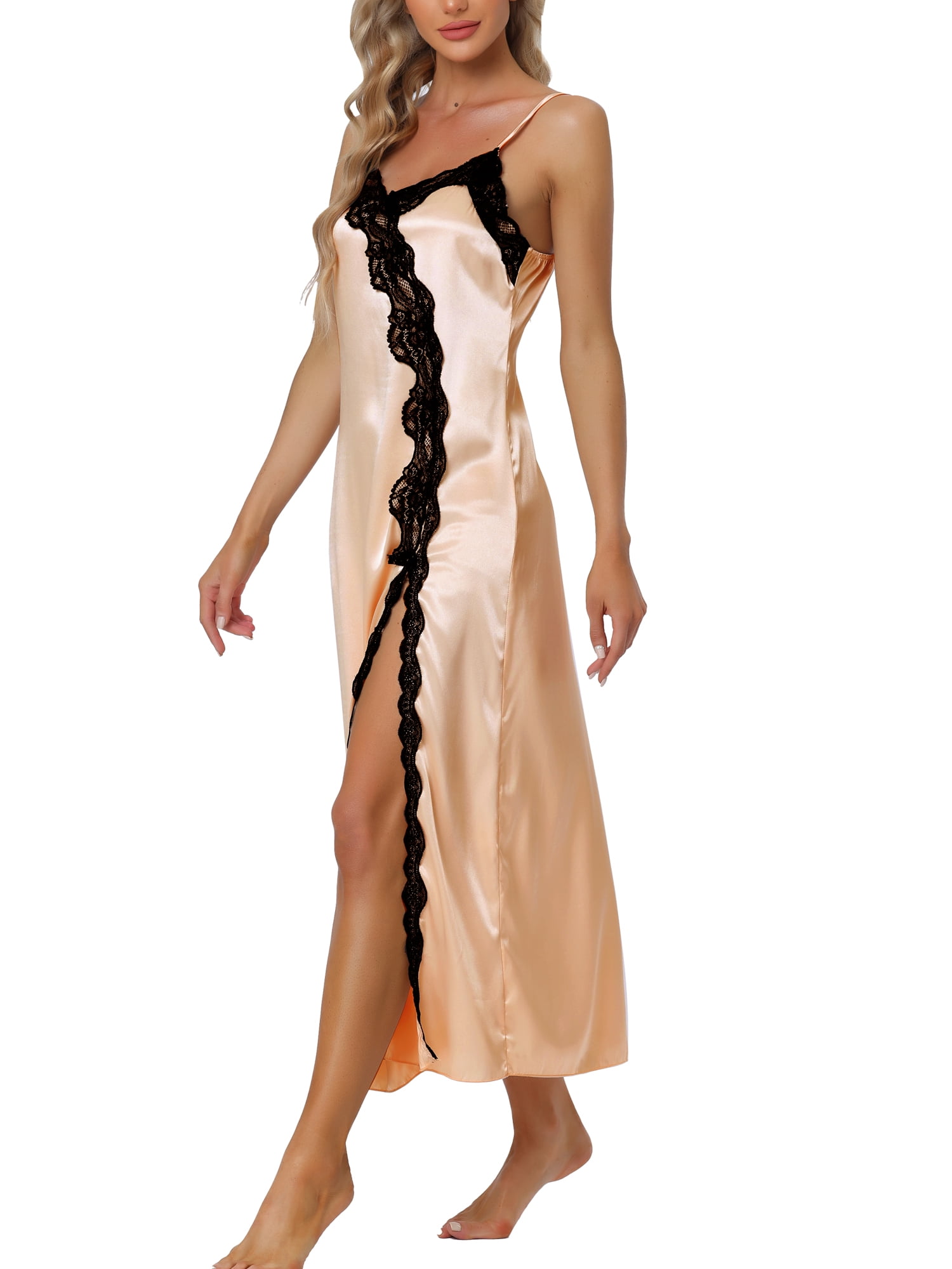 Unique Bargains Womens Satin Nightgown Lace Cami Dress Maxi Long Gown Pajama Nightwear S Champagne