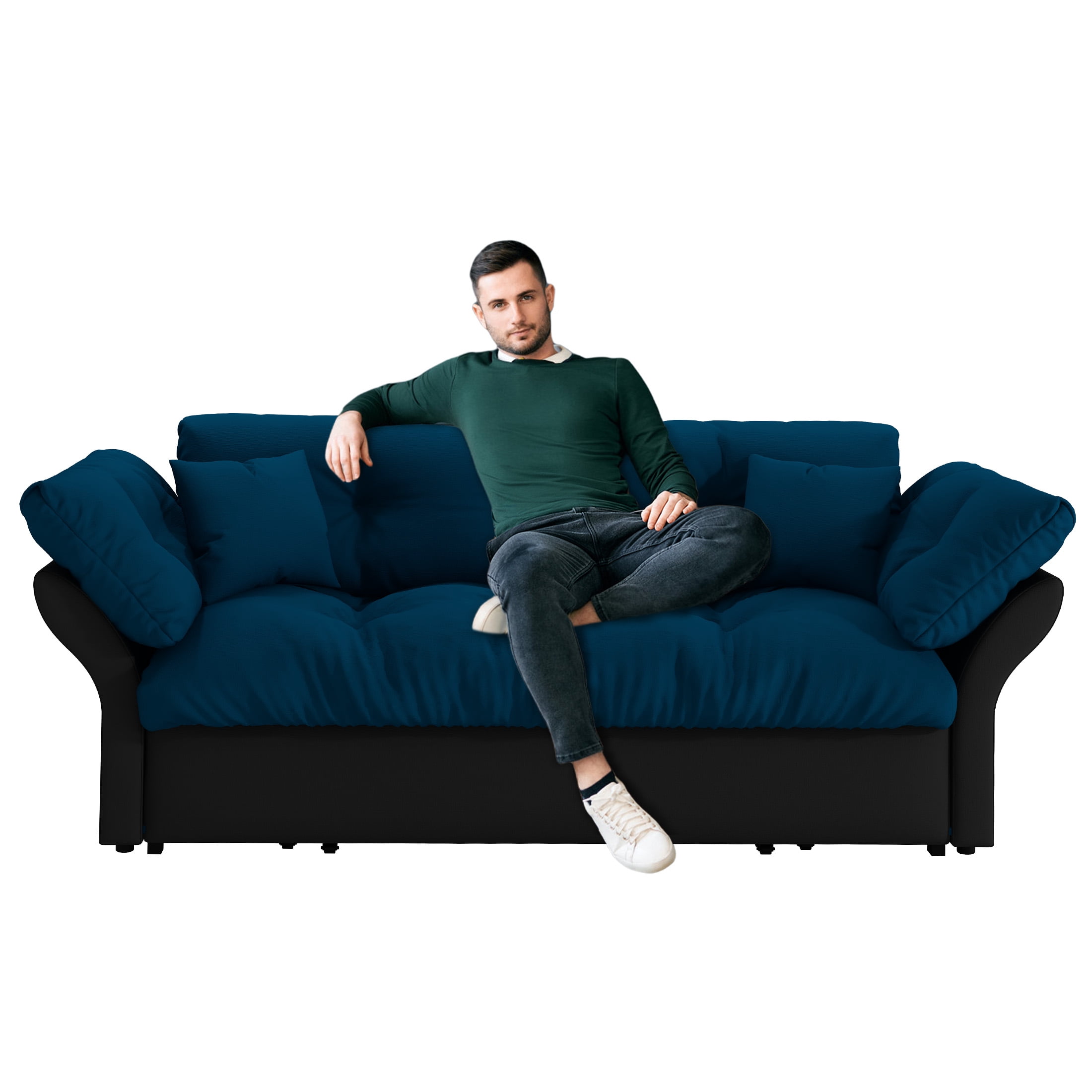 Aukfa 74.8" Queen Pull Out Sofa Bed, Convertible Loveseat Sleeper Sofa Couch with 2 Pillows, Tufted, Blue