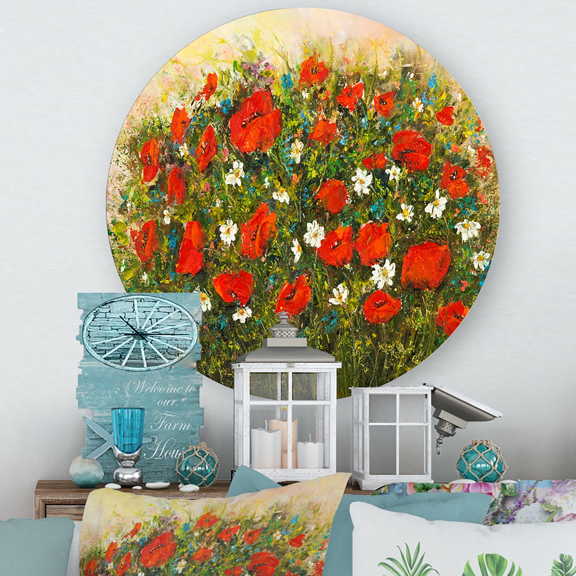Designart 'The Fields of Red Wildflowers' Traditional Circle Metal Wall Art 11x11 - Disc of 11