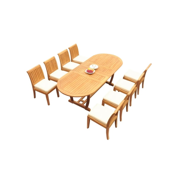 Grade-A Teak Dining Set: 8 Seater 9 Pc: 94" Mas Oval Trestle Leg Table And 8 Lagos Armless Chairs Outdoor Patio WholesaleTeak #WMLG27