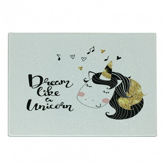Saying Cutting Board, Print of Dream Like a Unicorn Calligraphy with Music Horned Horse, Decorative Tempered Glass Cutting and Serving Board, in 3 Sizes, by Ambesonne