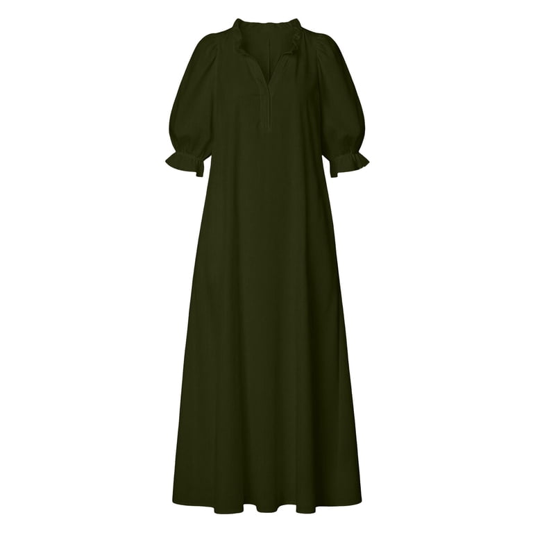 mid length casual summer dresses YuXingFu Plus Size Summer Dresses Mid-Length Collared Plus Size Womens Dress Short Sleeve A Line Casual Summer Army Green L