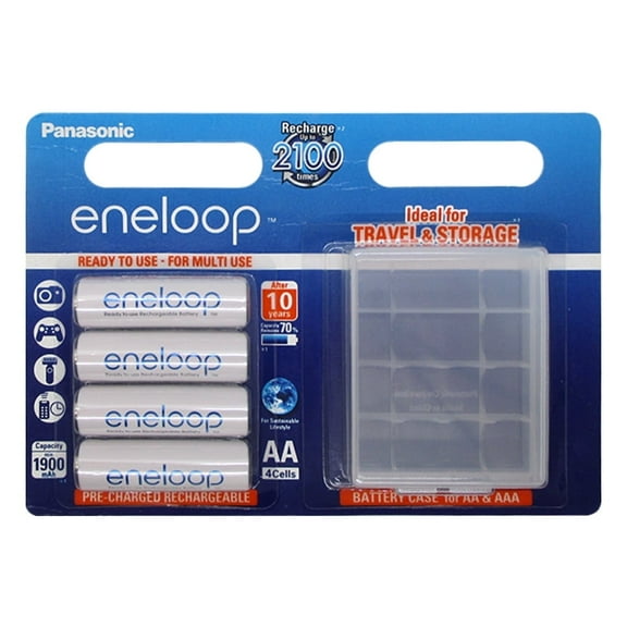 Panasonic AA Eneloop BK-3MCCEC4BE 2100 Cycle Ni-MH Pre-Charged Rechargeable Batteries with Battery Case, 4 Pack