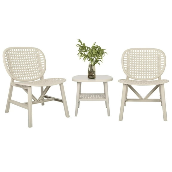 3 Piece Patio Chairs Sets, Outdoor Conversation Set with Two Armchairs and Coffee Table with Open Shelf, All Weather Bistro Table Set with Widened Seat, for Yard, Deck, Pool, White