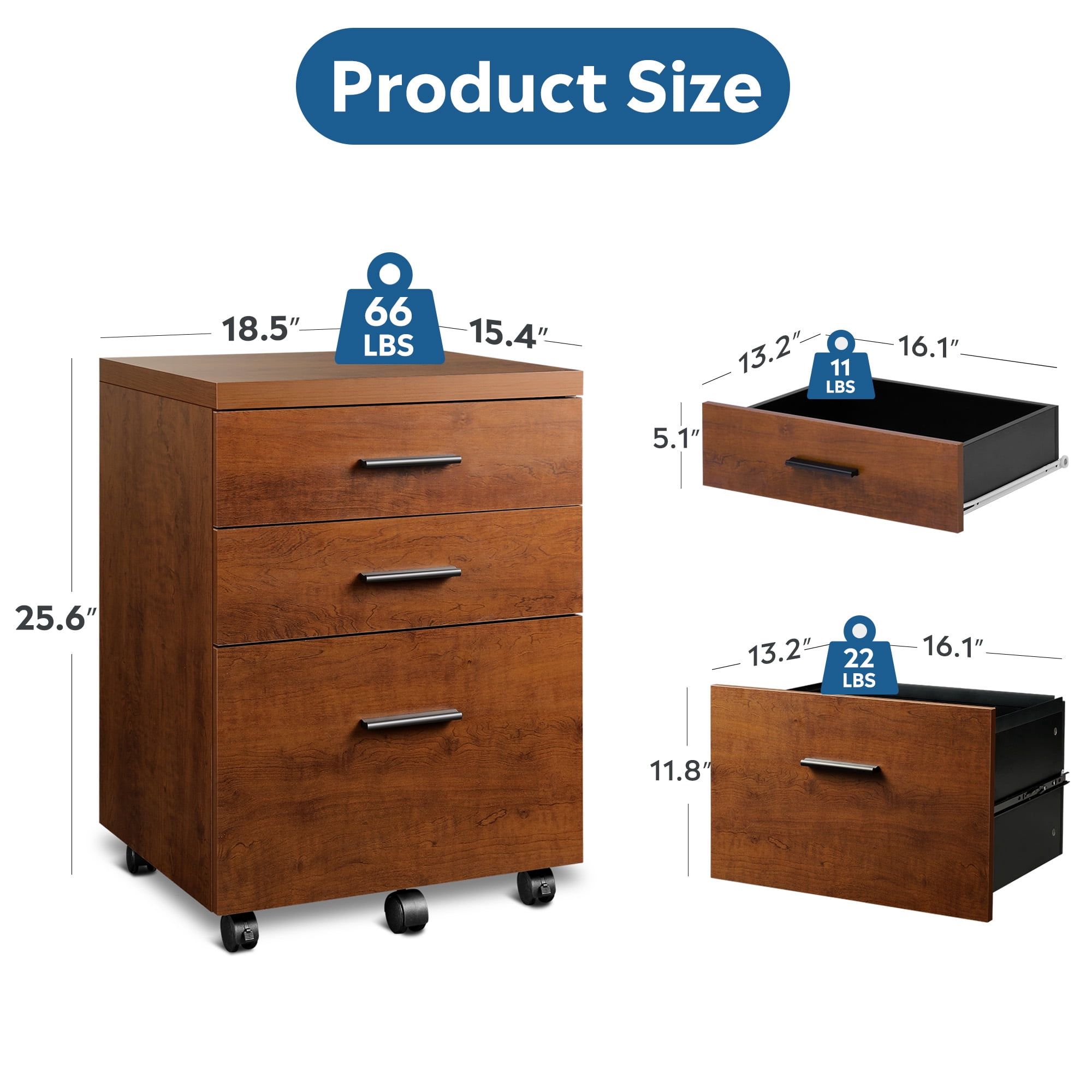 GALAXHERO Wood Rolling File Cabinet with 3 Drawers(Widen), Portable Vertical Mobile Wooden Storage Filing Cabinet, for Home Office, Walnut