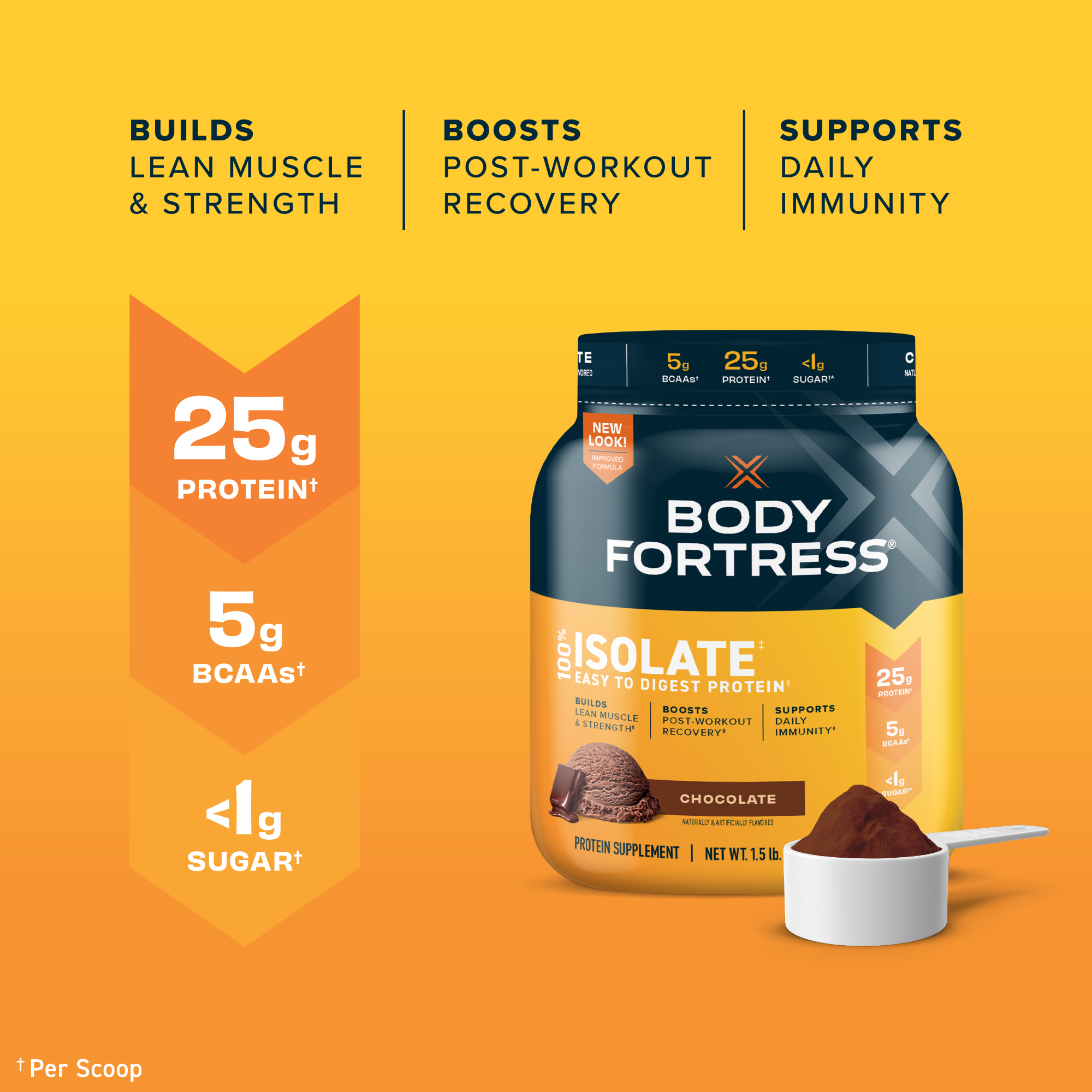 Body Fortress 100% Isolate Easy-to-Digest Protein Powder, Chocolate, 1.5lbs - image 3 of 8