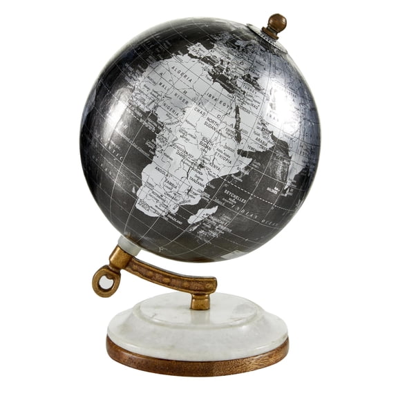 DecMode 5" Small Black World Map Globe with Silver Continents and White Marble Base