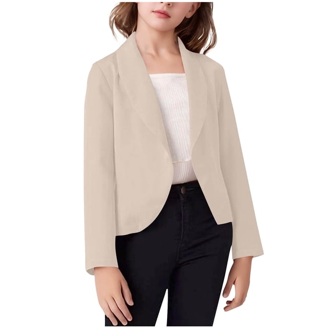 WRKEKC Blazer pour Adolescentes à Col Cranté, Simple Boutonnage, Manches Longues, Veste Courte Polyvalente pour la Rentrée Scolaire, Automne Hiver, Âges 5 à 14