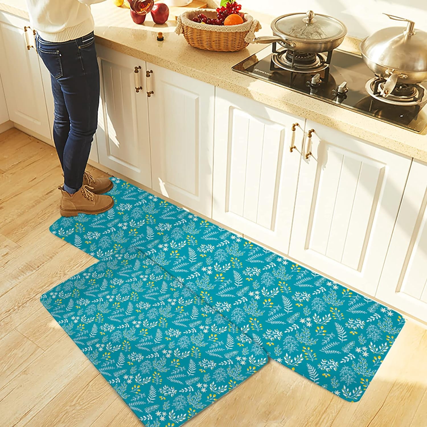 Kitchen Rug Mat Christmas Holly Berry Turquoise, Set of 2, Anti-Fatigue Non-Skid Washable Kitchen Runner Rugs, Soft Comfort Rug for Kitchen, Floor Home, Front of Sink, Laundry