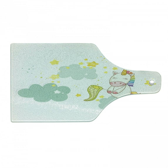 Unicorn Cutting Board, Mystic Unicorn Girl Sitting on Fluffy Clouds and Hunting Image Print, Decorative Tempered Glass Cutting and Serving Board, Wine Bottle Shape, Yellow Green, by Ambesonne