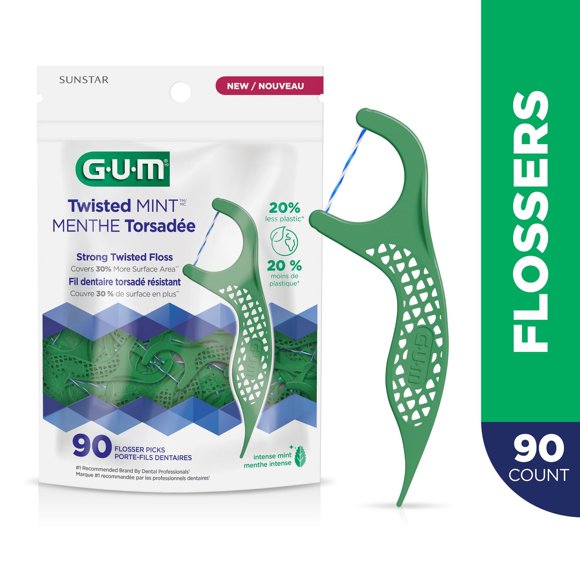 GUM® Twisted Mint™ Flosser, Strong Twisted Floss Covers 30% More Surface Area, Intense Mint Flavour, 90 Count