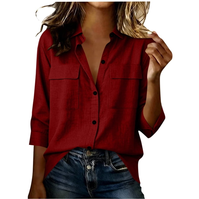 Neewe Cotton Linen Button Down Shirts for Women Dress Shirts Long Sleeve Blouses Work Casual Loose Tops with Pockets