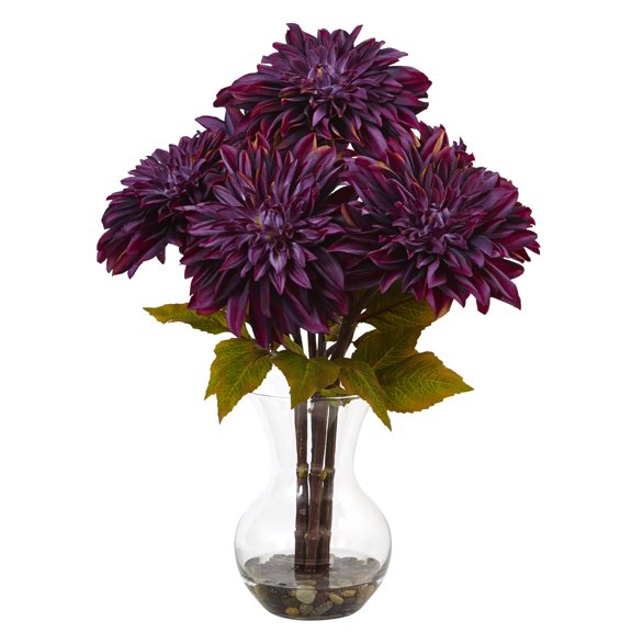 Nearly Natural Dahlia Artificial Flower Arrangement with Glass Vase, Purple