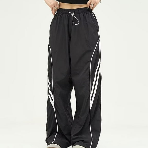 CQONEPT Women's Side Striped Pants Drawstring Elastic Waist Wide Leg Baggy Pant Athletic Running Trousers with Pockets Black XL