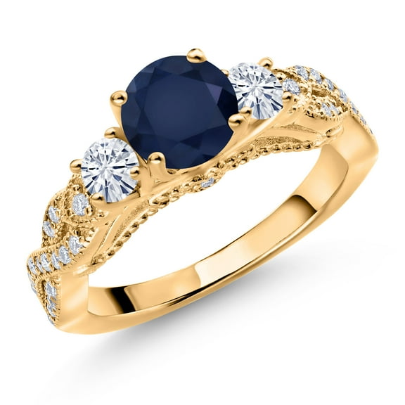 Gem Stone King 18K Yellow Gold Plated Silver Blue Sapphire and White Moissanite Engagement Ring for Women (1.57 Cttw, Gemstone September Birthstone, Round 6MM and 3MM, Size 6)