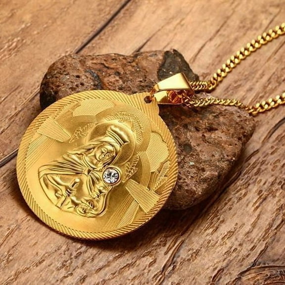 Mens Necklaces Virgin Mary Maria Miraculous Medal 14K Yellow Gold Jewelry