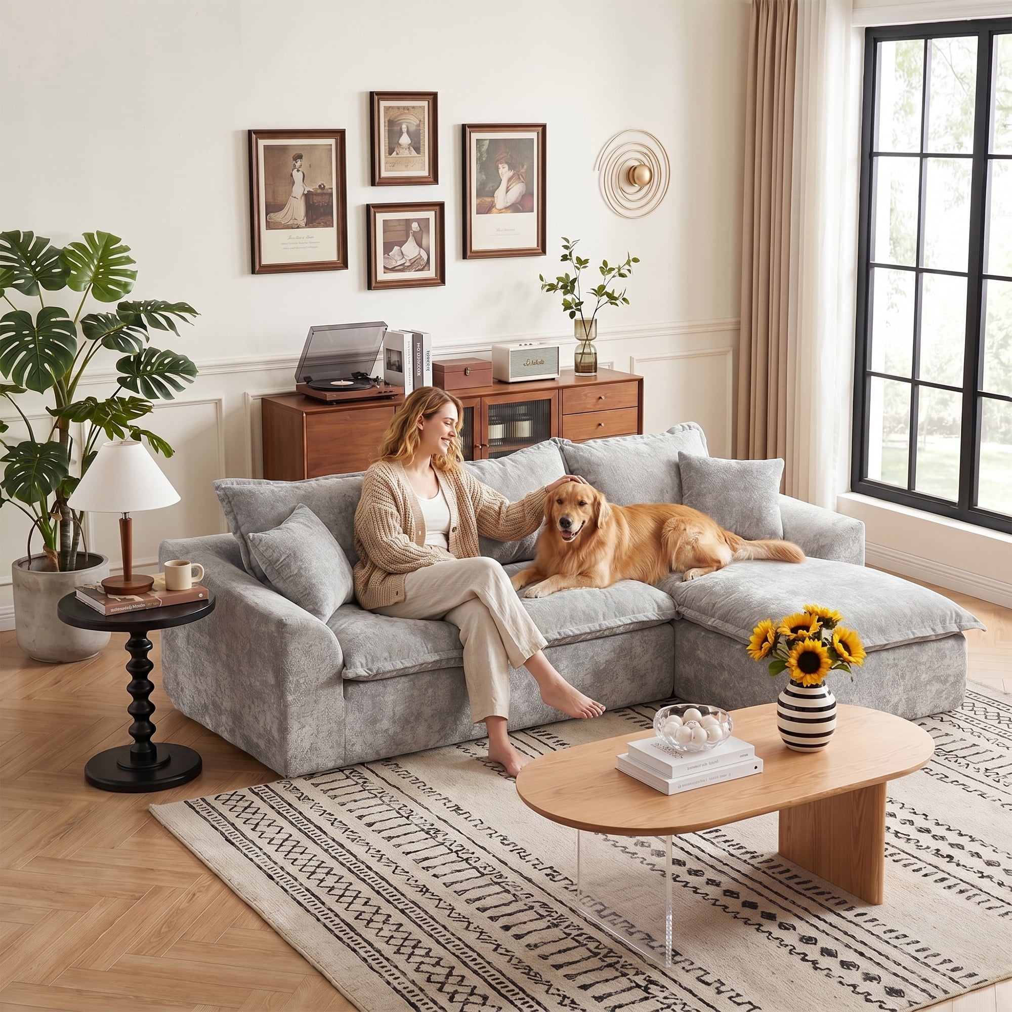 LEHZROAJ 103" Chenille Compressed Sofa,L Shaped Sectional Couch Pillows No Assembly Required for Living Room(Gray,Right)