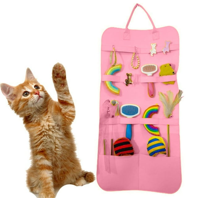 Pink Foldable Wall Mounted Pet Toy Storage Bag Organizer With Multiple Pockets Easy Clean Non Woven Fabric Hanging Display Holder For Cats Dogs Accessories 33.1X15.7 In