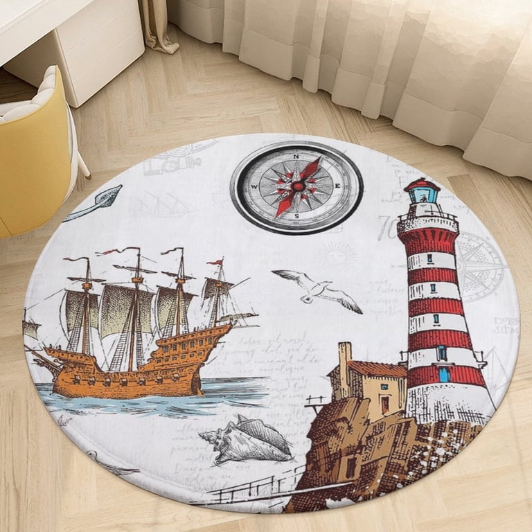 Ocean Nautical Vintage Sea Coastal Lighthouse Boat Round Carpet