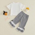 thumbnail image 5 of HCNTES Baby Girl Clothes Toddler Baby Girl Halloween Clothes 6 12 18 24 Month 2T 3T 4T Letters Pumpkin Embroidery Ruffled Trim Crew Neck Short Sleeve Tops and Plaid Gingham Pants 2 Pcs Outfit Set, 5 of 8