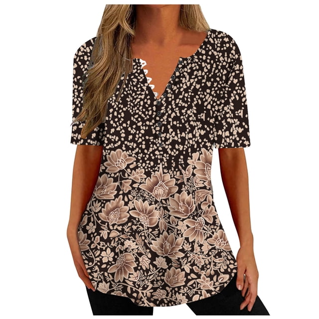 Pompotops Mode Femme Col en V Imprimé Décontracté Manches Courtes Ample Haut/chemise