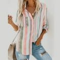 thumbnail image 3 of TIHLMK Long Sleeve Blouse Shirt Womens Fashion V Neck Striped Roll Up Sleeve Button Down Blouses Tops With Pocket Loose Shirt Multicolor, 3 of 8