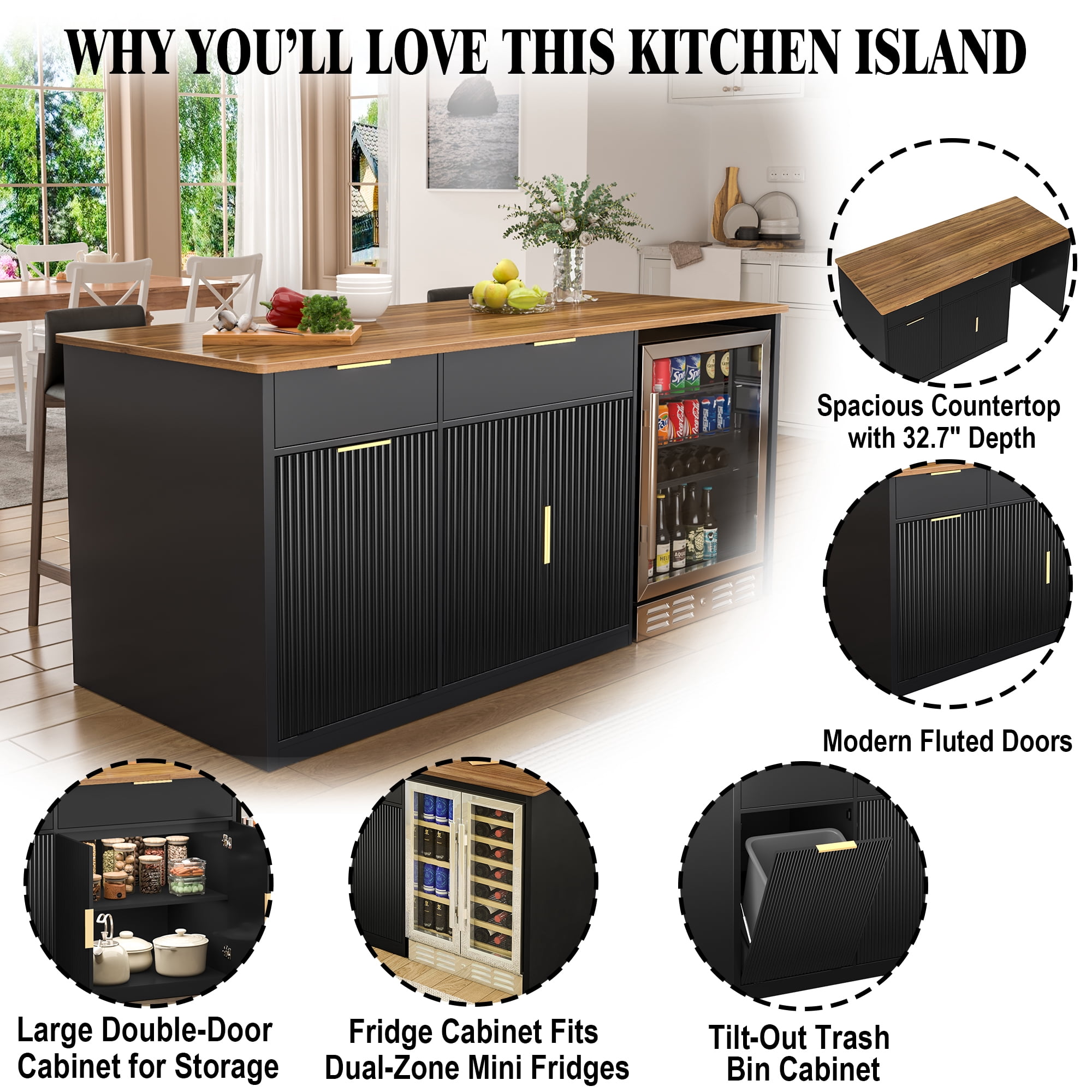 75.6"W Large Kitchen Island with Fridge Space, Modern Kitchen Bar Island Table