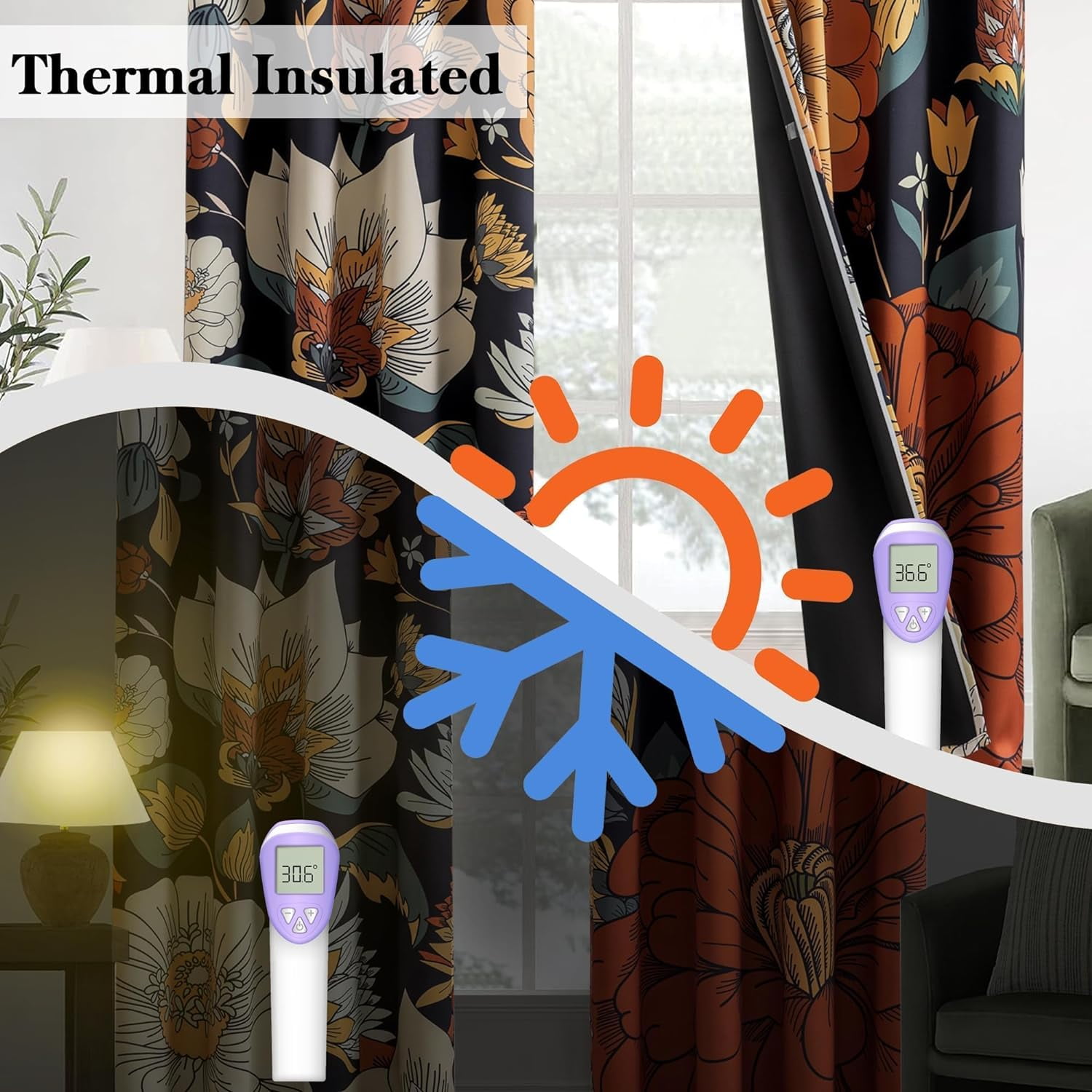 Tyrot 2 Panels Black Boho Floral 100% Blackout Curtains for Bedroom Grommet Curtains, 52" x 84"