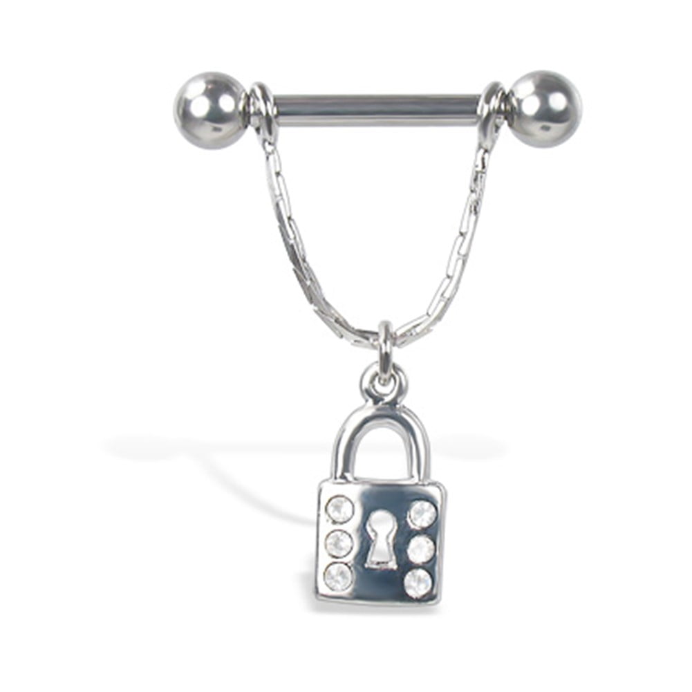 Nipple Ring With Jeweled Dangling Lock, 12, 14, Or 16 Ga,Gauge (Thickness)14 (1.6Mm),Inside