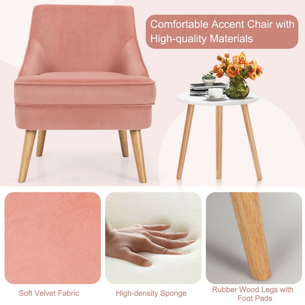 Finihen Velvet Accent Chair, Mid Century Velvet Accent Chair with Rubber Wood Legs, Thickly Padded, for Living Room, Bedroom, Pink