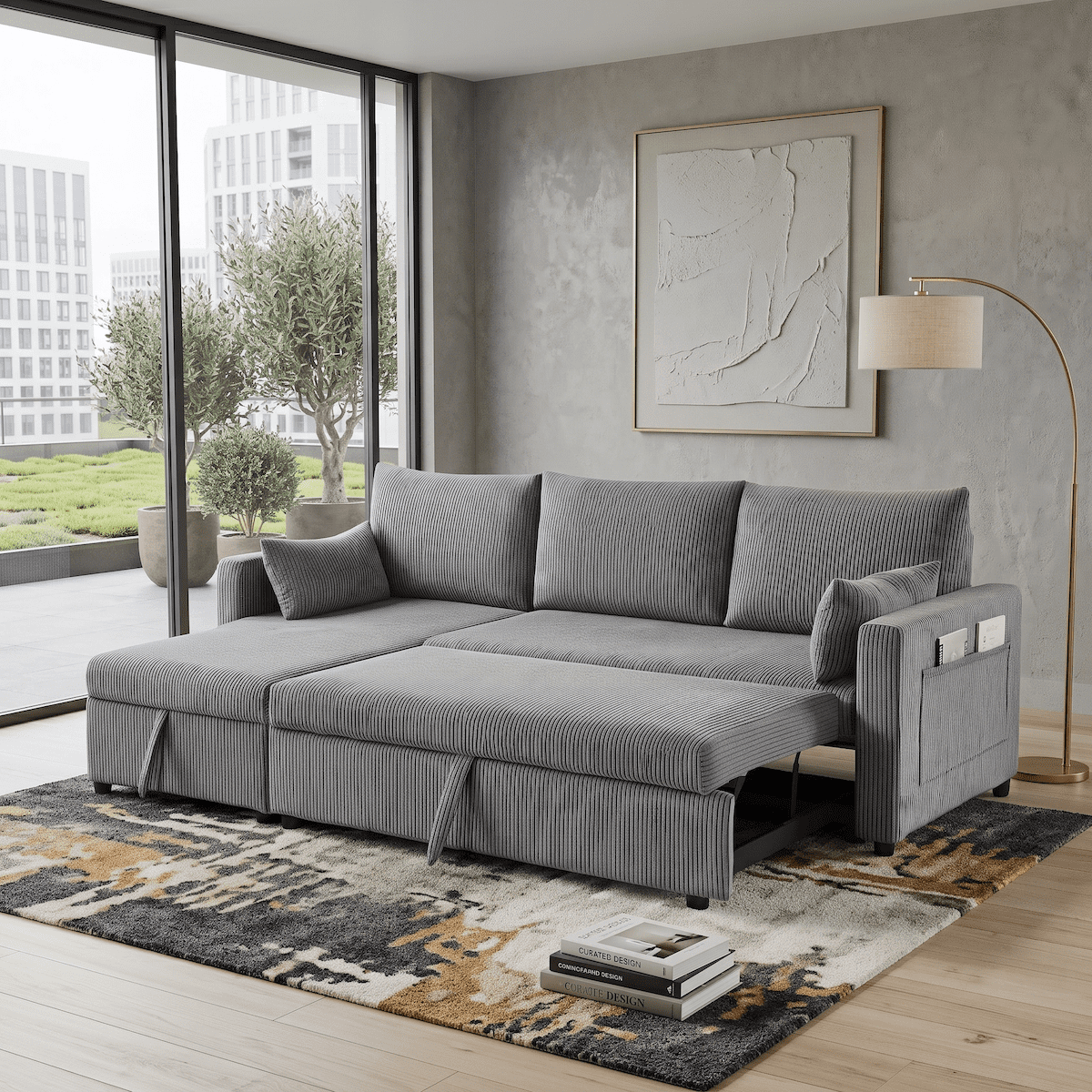 Xiweot 85" Sectional Sofa Bed, L Shaped Sleeper Sofa with Pull Out Bed & Storage Chaise, Corduroy 3 Seat Sectional Couch for Living Room Apartment Small Space (Black) (Gray)
