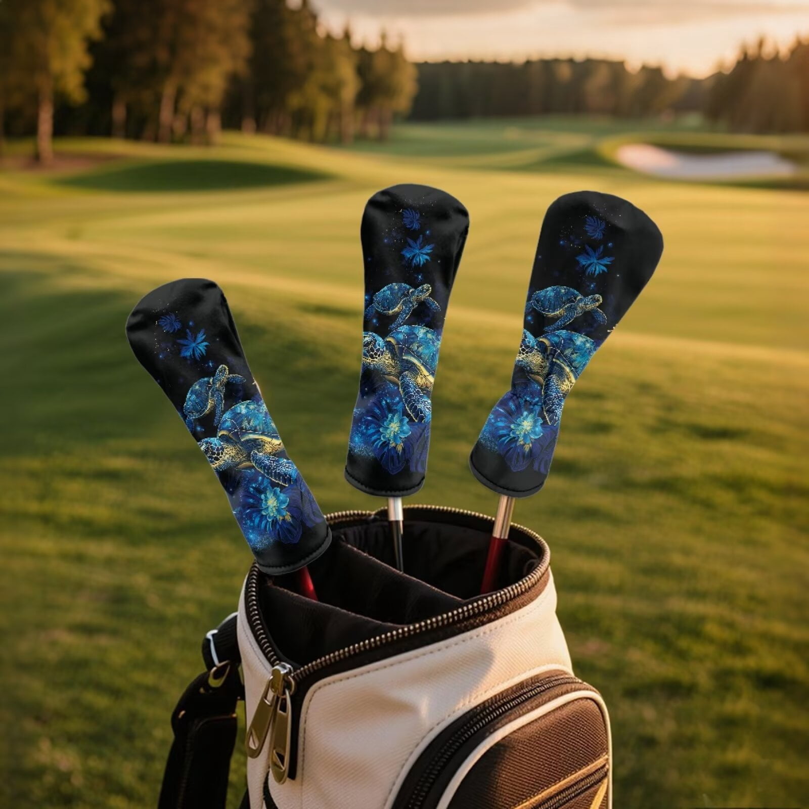 Uorisanigo Blue Turtle Golf Club Head Covers 3-Pack PU Leather Golf Club Headcover Set for Driver Fairway Wood Hybrids, Soft Lined Interior, Double-Layer Elastic Band, Wrinkle-Resistant